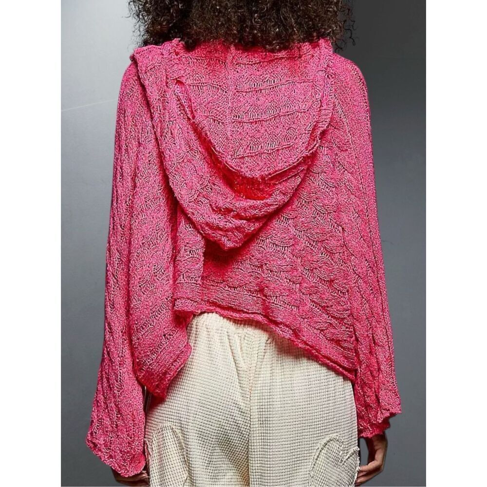 POL Hot Pink Open Knit Cropped Hoodie Sweater Boho Lace Long Sleeve Top NEW - Picture 5 of 14